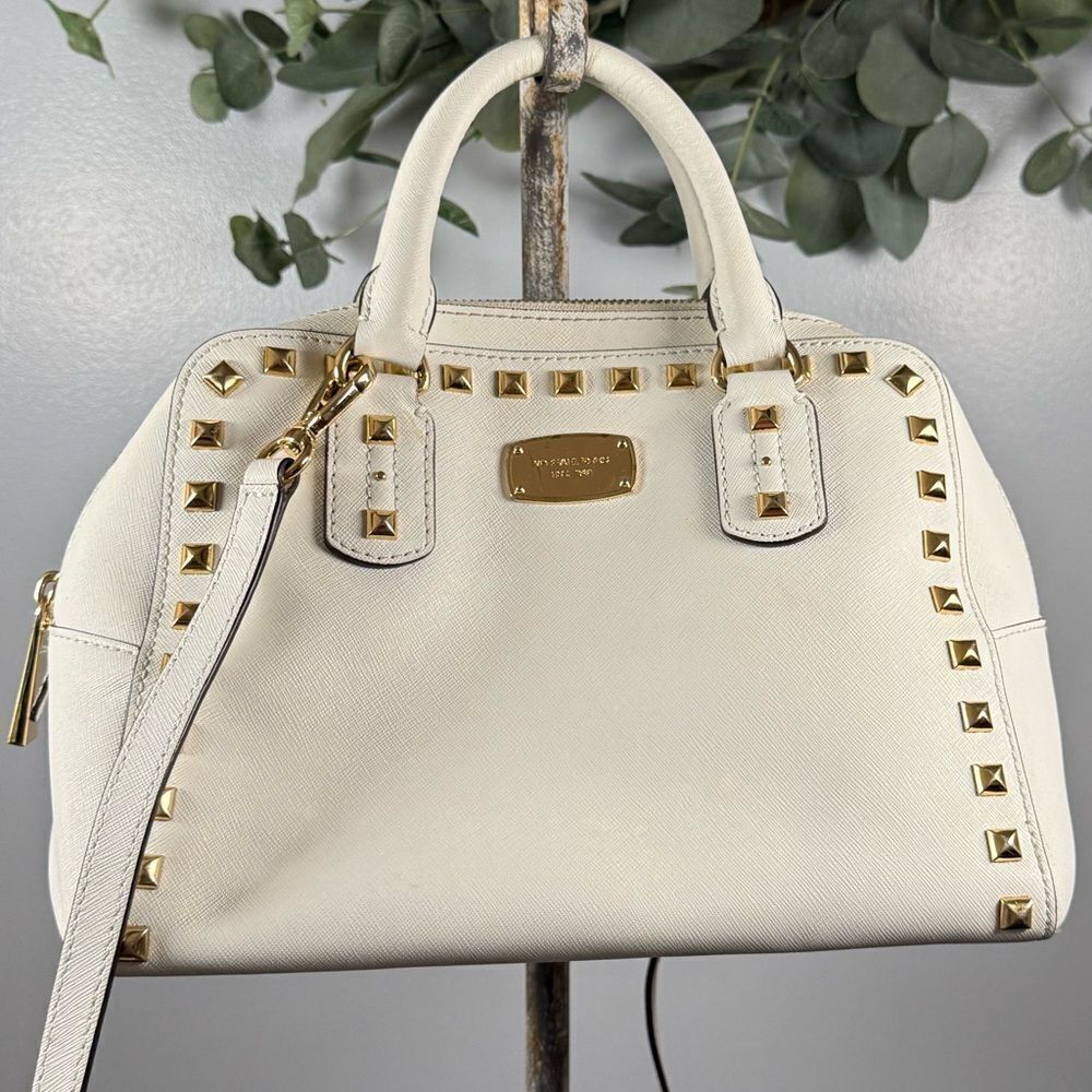 Michael Kors Selma Studded Saffiano Leather  White Handbag